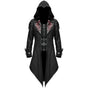 Men's hooded gothic long coat with decorative lapels and buckle fastenings