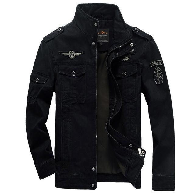 Men's military style field jacket with stand collar, zip front, flap pockets and sleeve patch