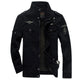 Men's military style field jacket with stand collar, zip front, flap pockets and sleeve patch
