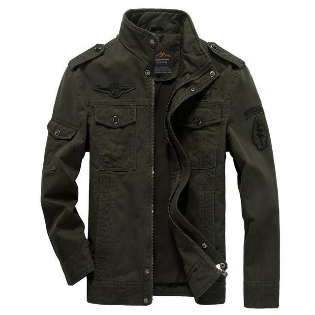 Men's military style field jacket with stand collar, zip front, flap pockets and sleeve patch