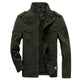 Men's military style field jacket with stand collar, zip front, flap pockets and sleeve patch