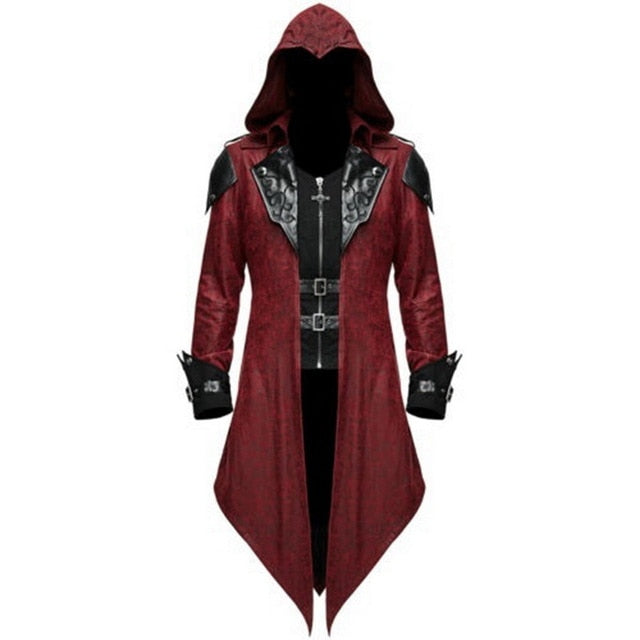Men's hooded gothic long coat with decorative lapels and buckle fastenings