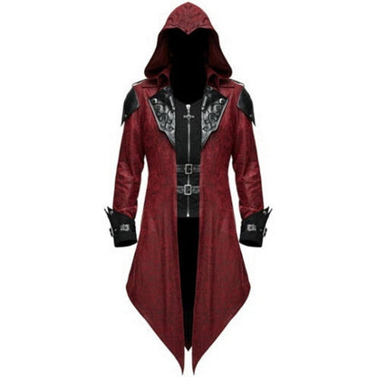 Men's hooded gothic long coat with decorative lapels and buckle fastenings