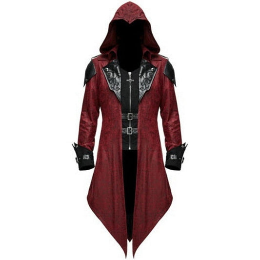 Men's hooded gothic long coat with decorative lapels and buckle fastenings