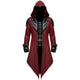 Men's hooded gothic long coat with decorative lapels and buckle fastenings
