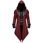 Men's hooded gothic long coat with decorative lapels and buckle fastenings