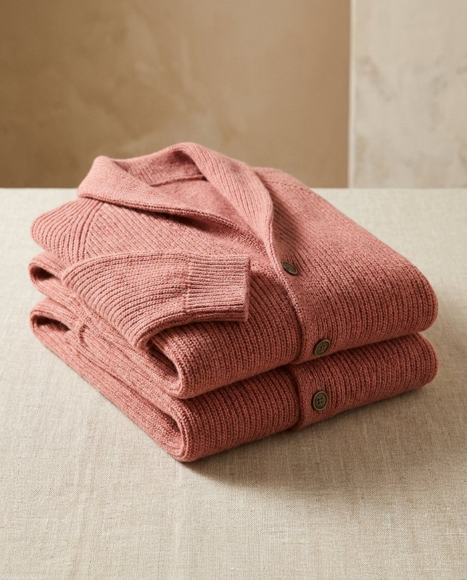 Men's ribbed knit cardigan with shawl collar, buttons and front patch pockets