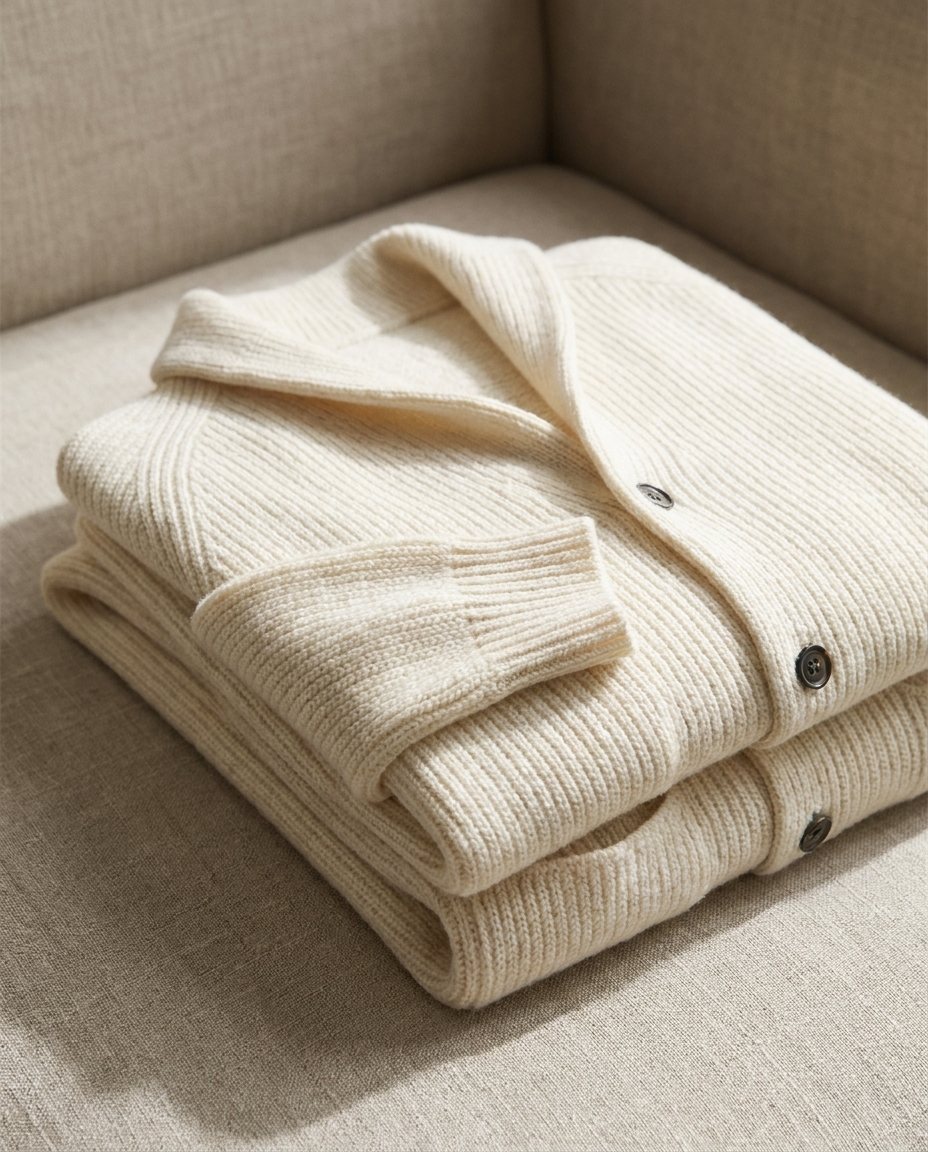 Men's ribbed knit cardigan with shawl collar, buttons and front patch pockets
