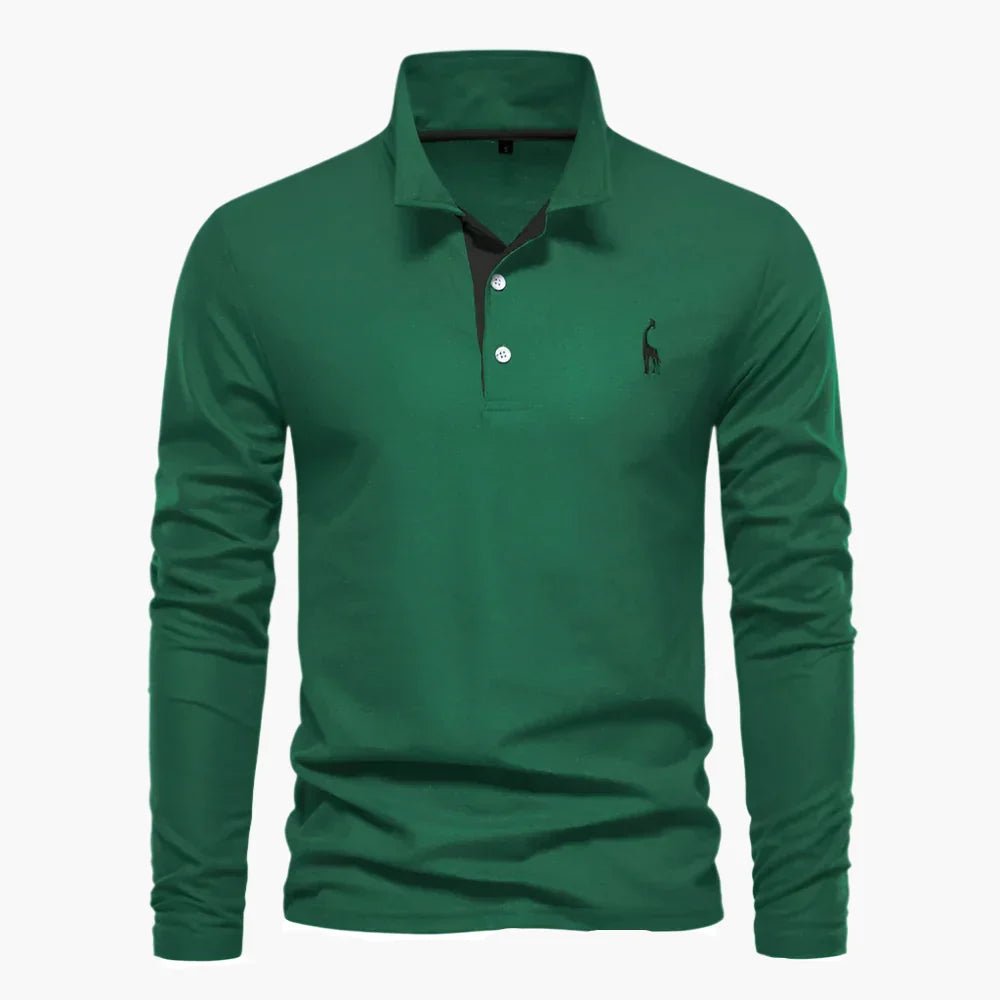 Men's long-sleeve polo shirt with button placket and turn-down collar