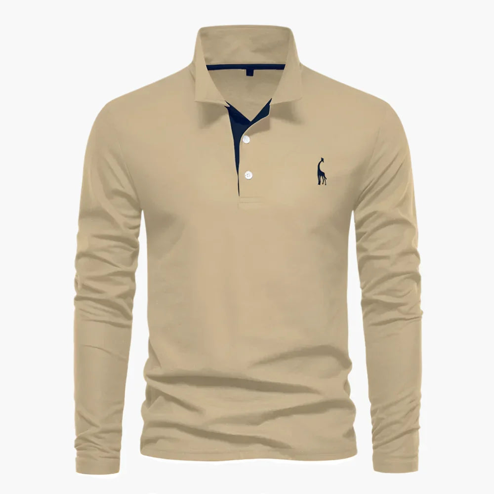 Men's long-sleeve polo shirt with button placket and turn-down collar