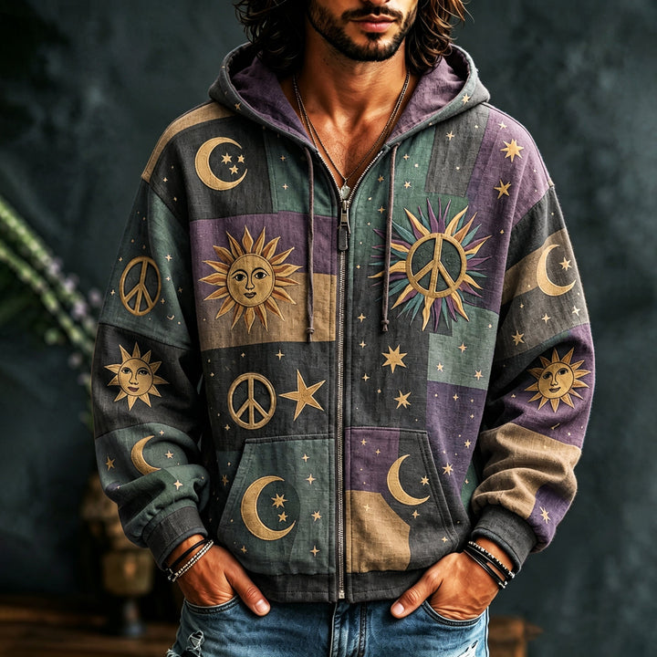 Men's multicoloured patchwork hoodie with celestial sun, moon, star and peace motifs