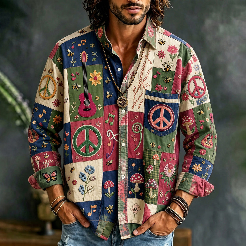Men's colourful patchwork shirt with peace signs, guitars and floral motifs