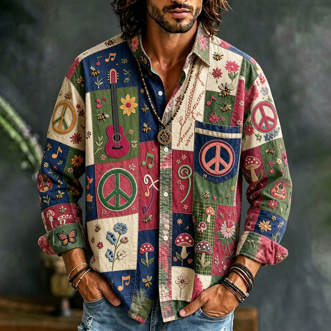 Men's colourful patchwork shirt with peace signs, guitars and floral motifs
