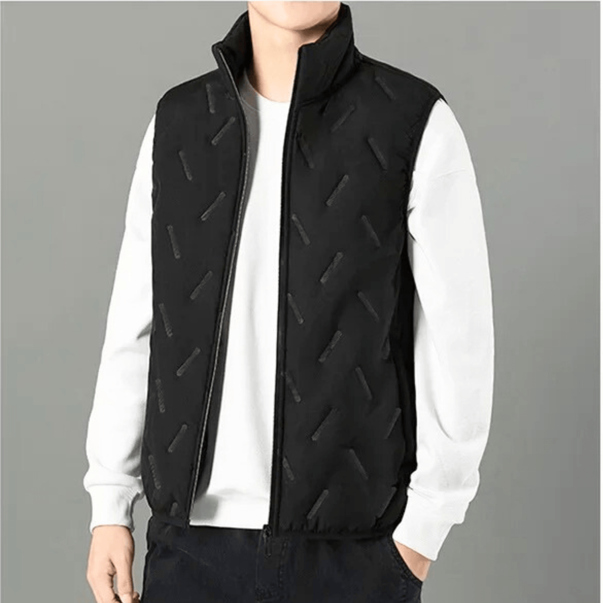 Men's sleeveless quilted gilet with stand collar and zip front