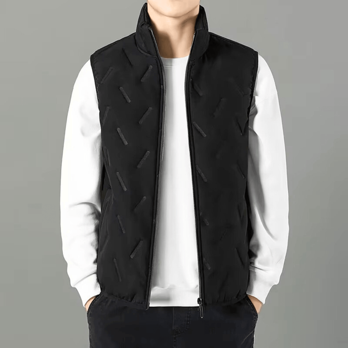 Men's sleeveless quilted gilet with stand collar and zip front