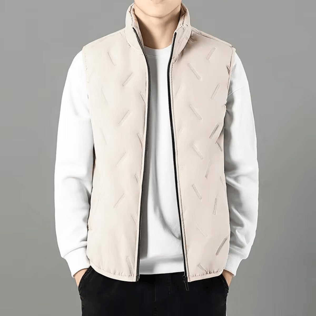Men's sleeveless quilted gilet with stand collar and zip front