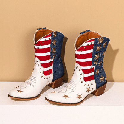 Ivory-white cowboy boots with red striped shafts, blue star panels and brown block heels