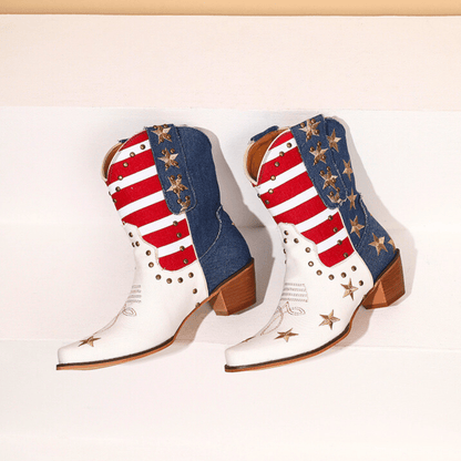 Ivory-white cowboy boots with red striped shafts, blue star panels and brown block heels