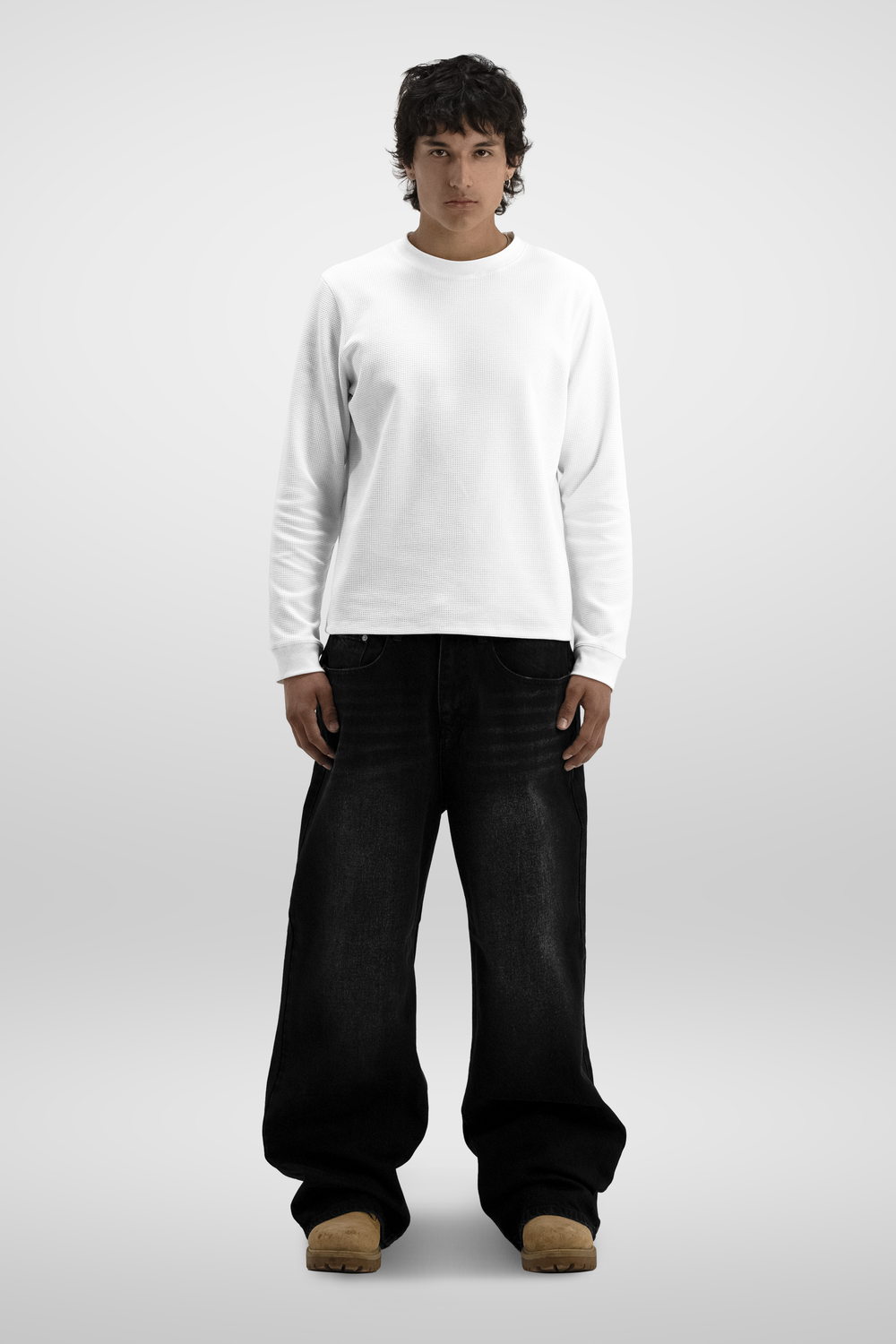 Men's white waffle-textured long sleeve crew-neck T-shirt