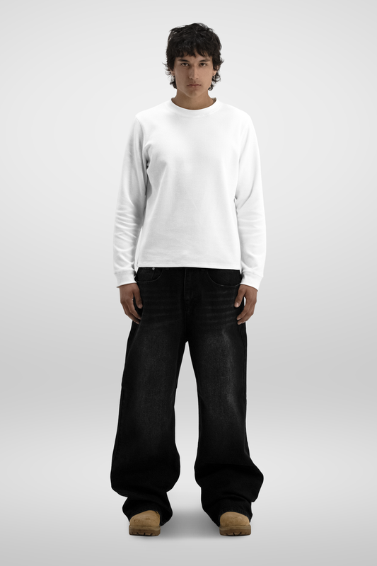 Men's white waffle-textured long sleeve crew-neck T-shirt