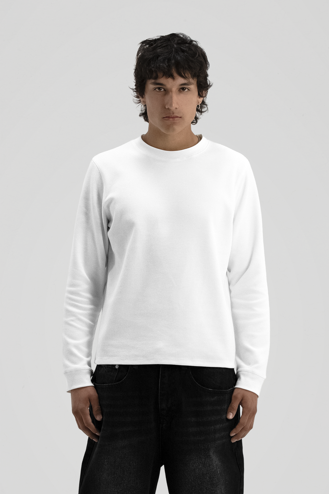 Men's white waffle-textured long sleeve crew-neck T-shirt