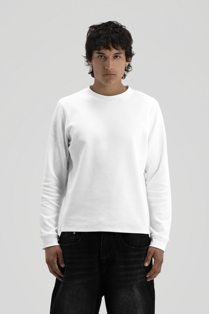 Men's white waffle-textured long sleeve crew-neck T-shirt