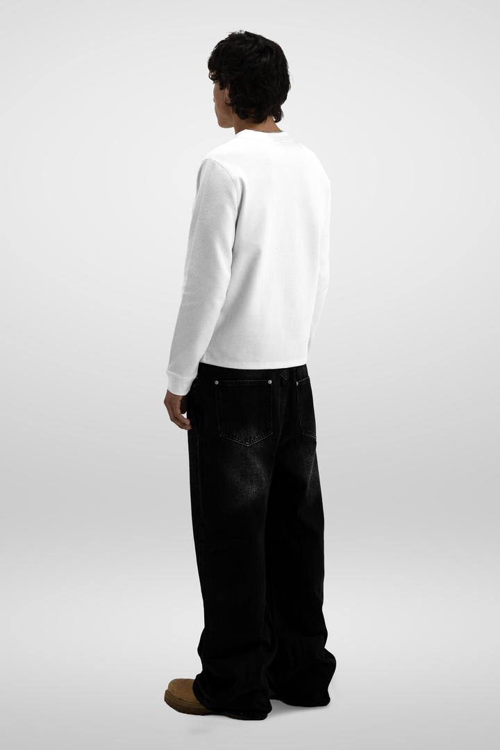 Men's white waffle-textured long sleeve crew-neck T-shirt