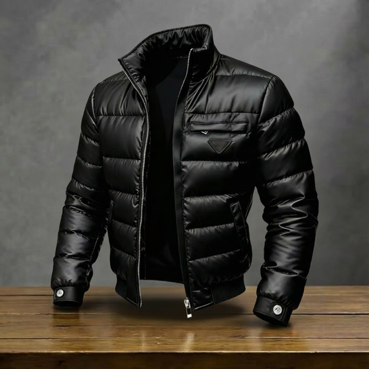 Men's black quilted puffer jacket with stand collar and front zip