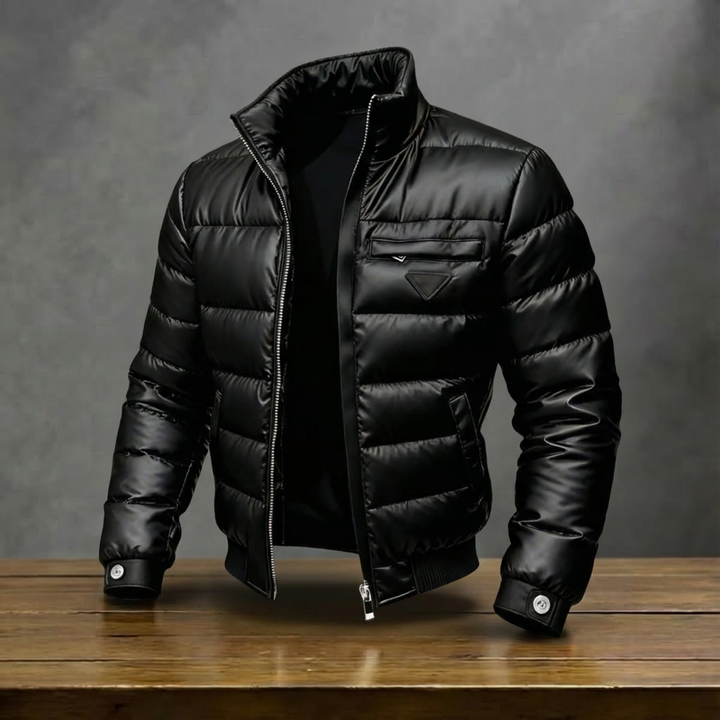 Men's black quilted puffer jacket with stand collar and front zip