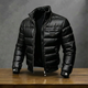 Men's black quilted puffer jacket with stand collar and front zip
