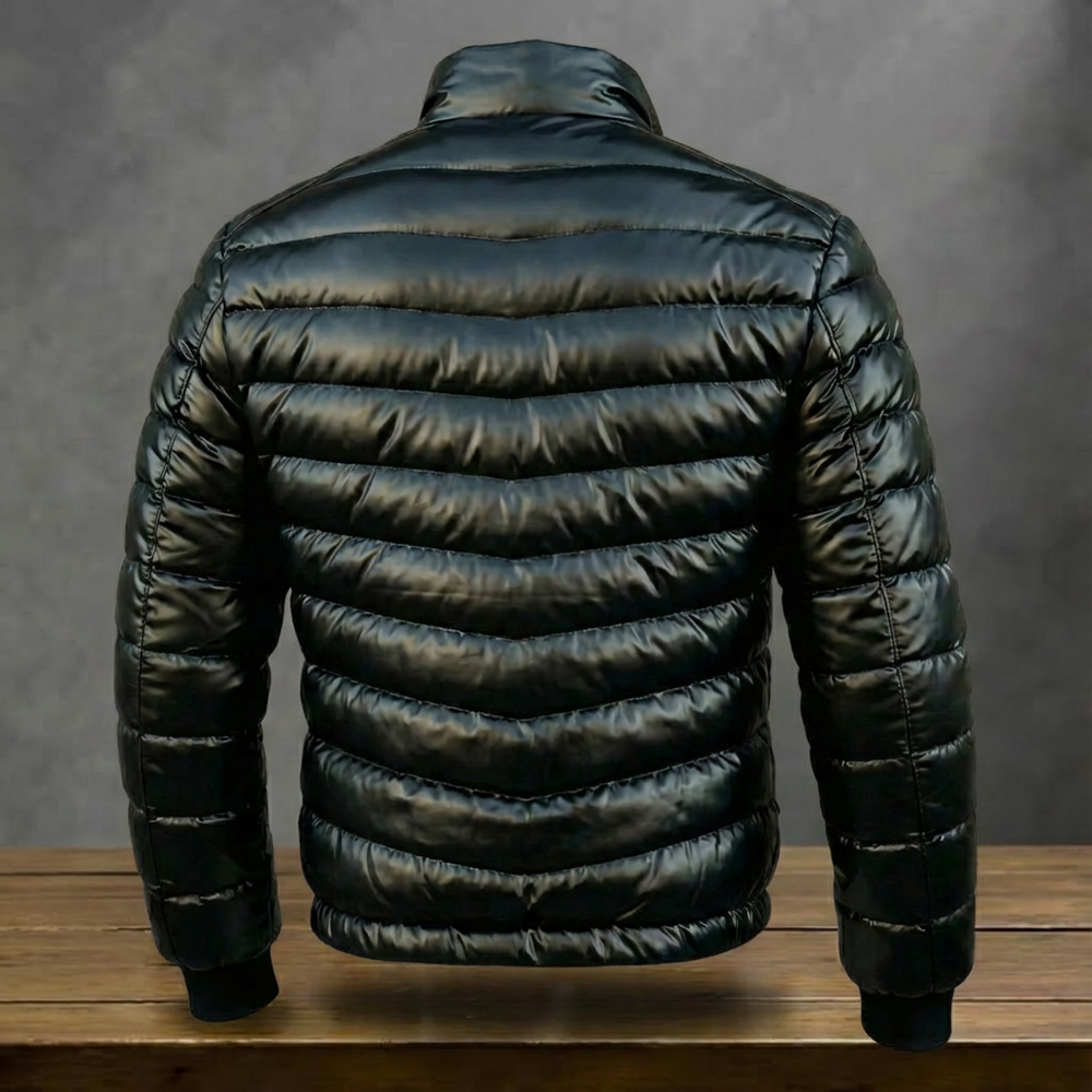 Men's black quilted puffer jacket with stand collar and front zip