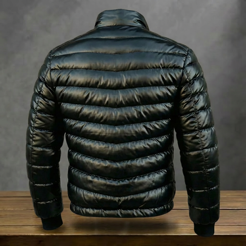 Men's black quilted puffer jacket with stand collar and front zip
