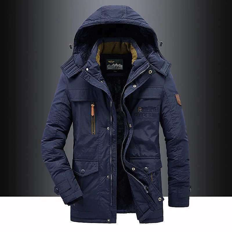 Men's hooded mid-length parka jacket with front zip fastening