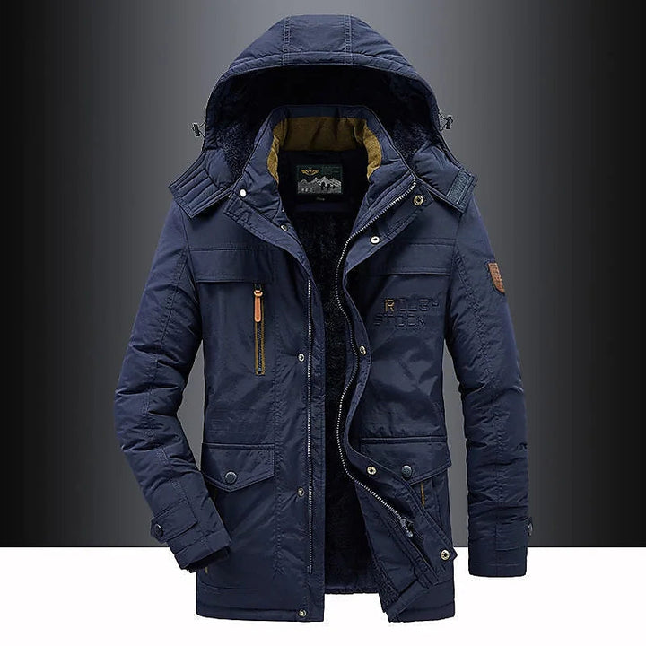 Men's hooded mid-length parka jacket with front zip fastening