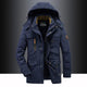 Men's hooded mid-length parka jacket with front zip fastening