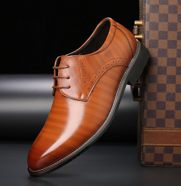 Men's pointed-toe lace-up dress shoes with a low heel
