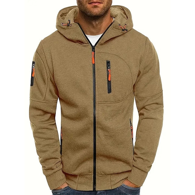 Men's hooded zip jacket with multiple zipped pockets