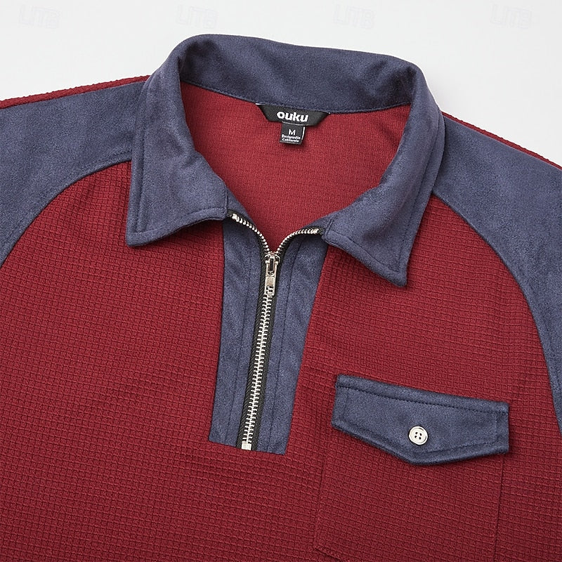 Men's long-sleeved ribbed quarter-zip jumper with contrast panels, elbow patches and chest pocket